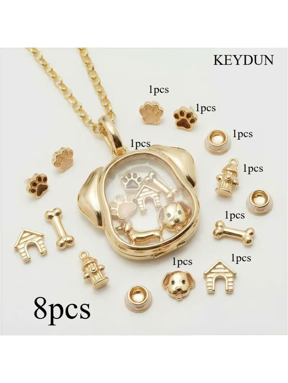 KEYDUN GOLD DOG LOCKET NECKLACE FLOATING CHARMS SET PET LOVER GIFT PAW BONE 8 PC